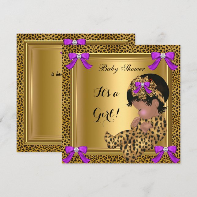 Niedlich Baby Shower Baby Leopard Lila Gold 4 Einladung (Vorne/Hinten)
