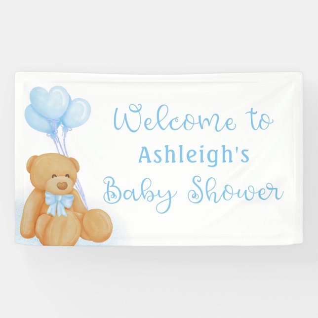 Niedlich Baby Shower Teddy Bear Blue Heart Balloon Banner (Horizontal)