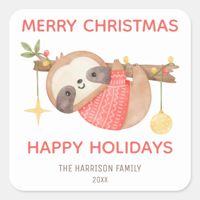 Niedlich Baby Sloth Happy Holidays Weihnachten Quadratischer Aufkleber (Vorderseite)