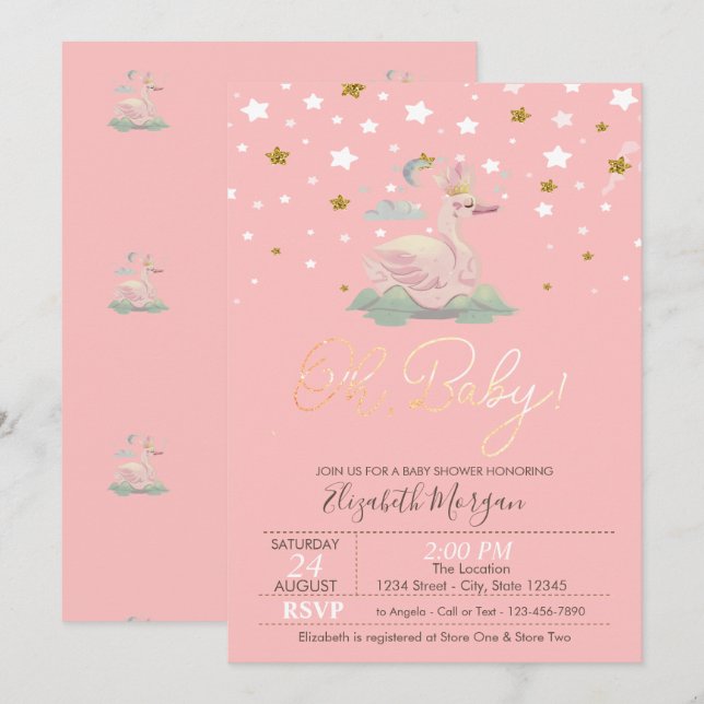 Niedlich Baby Swan Crown Stars Pink Baby Dusche Einladung (Vorne/Hinten)