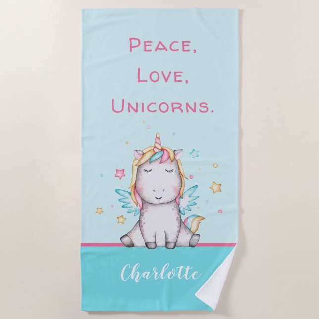 Niedlich Baby Unicorn Aquamarines Personalisiertes Strandtuch (Vorderseite)