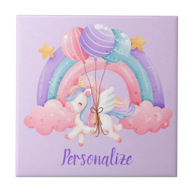 Niedlich Baby Unicorn Balloons Regenbogenfarben Fliese (Vorderseite)