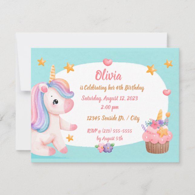 Niedlich Baby Unicorn Pastel Rainbow Cupcake Gebur Einladung (Vorderseite)