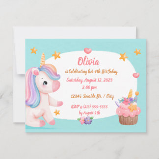 Niedlich Baby Unicorn Pastel Rainbow Cupcake Gebur Einladung