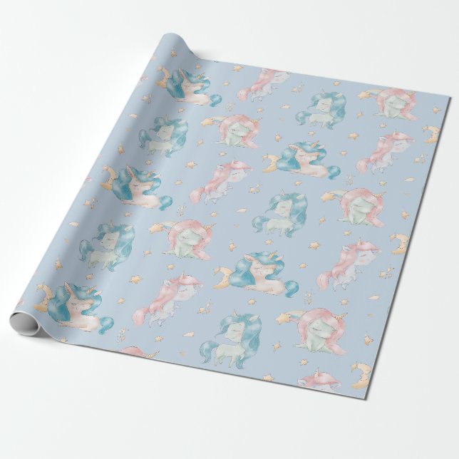 Niedlich Baby Unicorn Pink Blue Pastel Kinderzimme Geschenkpapier (Ungerollt)