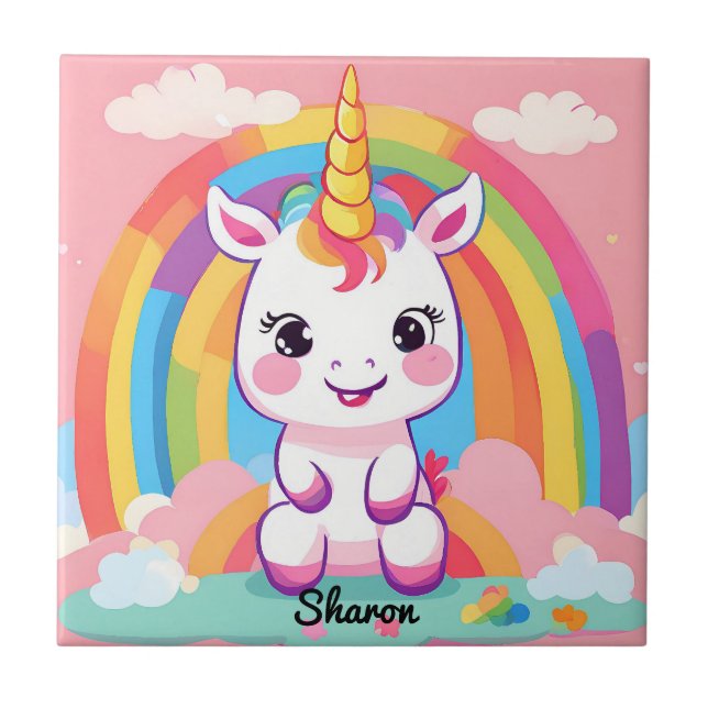 Niedlich Baby Unicorn Rainbow Fliese (Vorderseite)