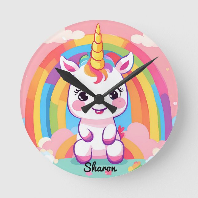 Niedlich Baby Unicorn Rainbow Runde Wanduhr (Vorderseite)