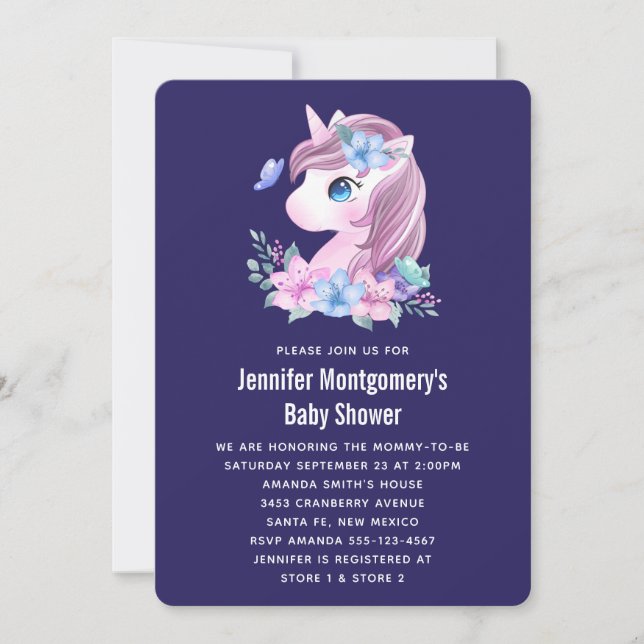 Niedlich Baby Unicorn Watercolor Babydusche Einladung (Vorderseite)