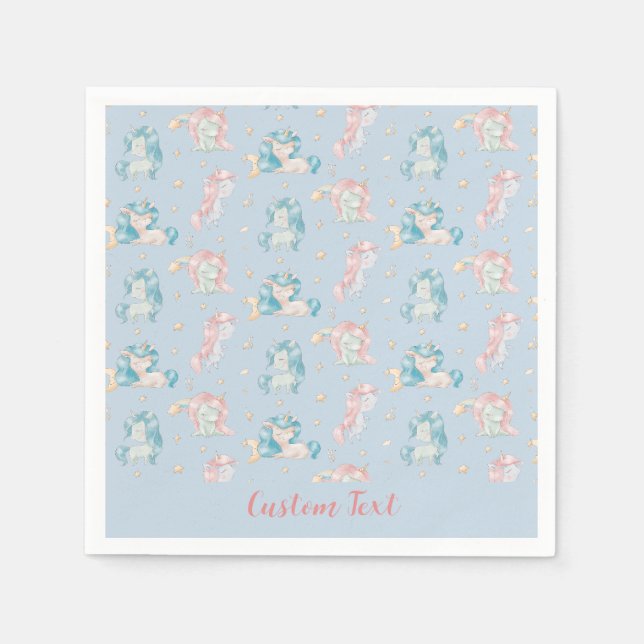 Niedlich Baby Unicorns Blue Pink Personalisiert Serviette (Vorderseite)