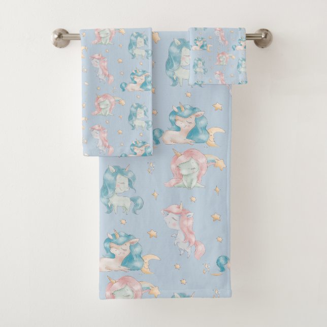 Niedlich Baby Unicorns Pink Blue Pattern Design Ki Badhandtuch Set (Insitu)