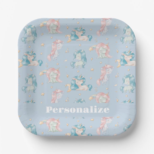 Niedlich Baby Unicorns Rosa Blau Personalisiert Pappteller (Vorderseite)