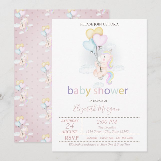 Niedlich Baby Unicoron Balloons Babydusche Einladung (Vorne/Hinten)