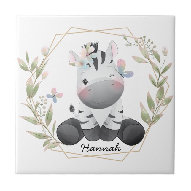 Niedlich Baby Zebra Blume Wreath Individuelle Name Fliese (Vorderseite)