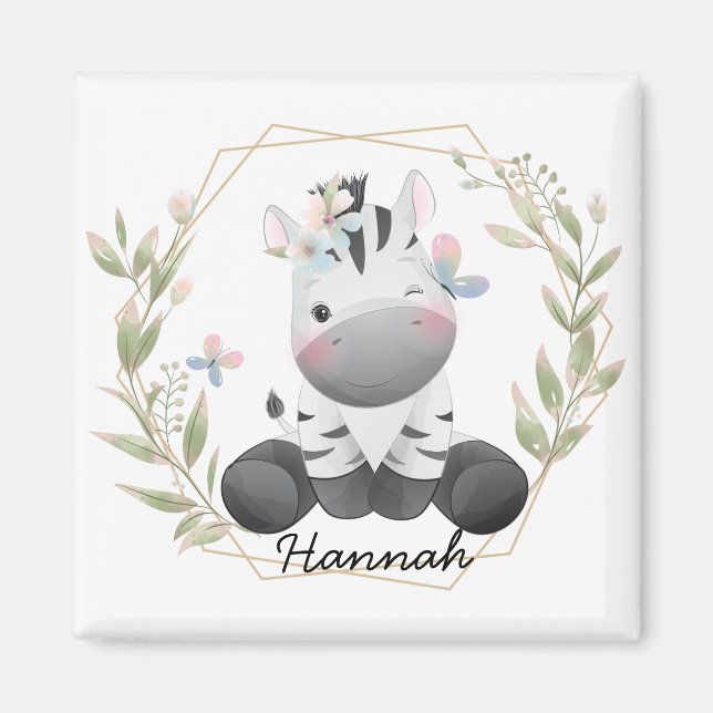 Niedlich Baby Zebra Blume Wreath Individuelle Name Magnet (Vorne)