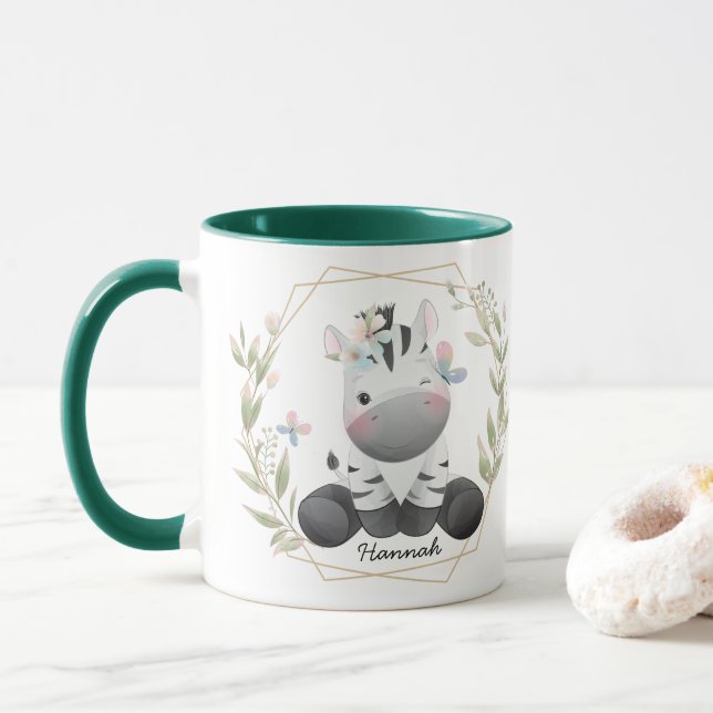 Niedlich Baby Zebra Blume Wreath Individuelle Name Tasse (Mit Donut)