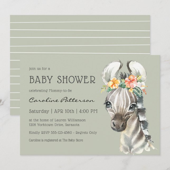 Niedlich Baby Zebra Gender Neutral Baby Dusche Einladung (Vorne/Hinten)