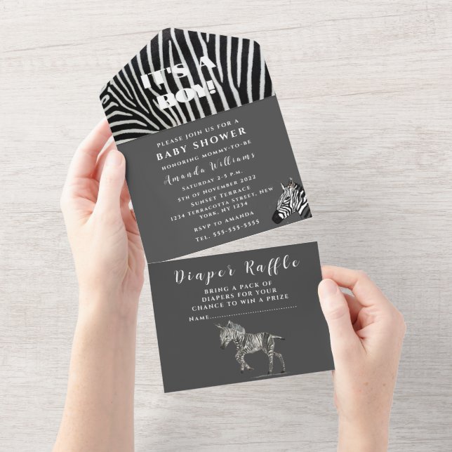 Niedlich Baby Zebra Safari Dschungel All In One Einladung (Abreißen)