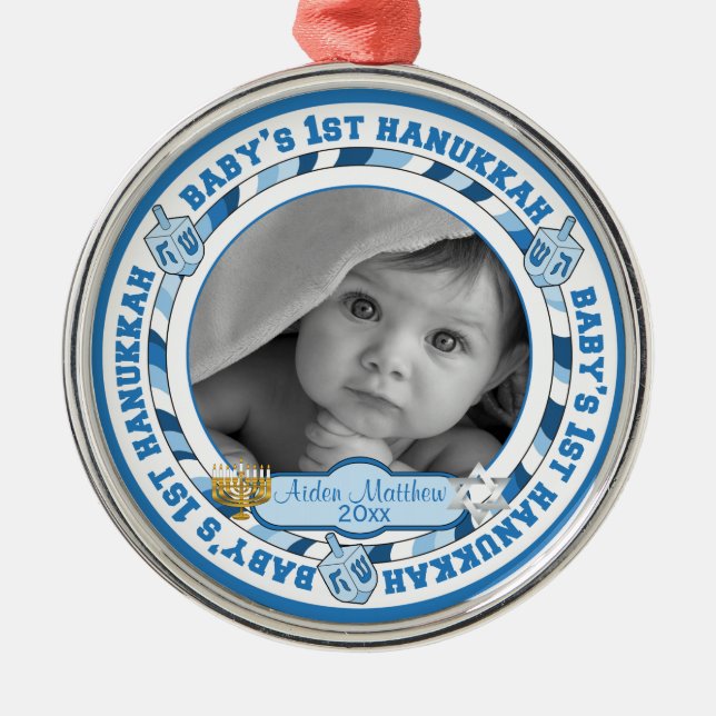 Niedlich Baby's 1. Hanukkah Dreidels Foto Name Ornament Aus Metall (Vorne)