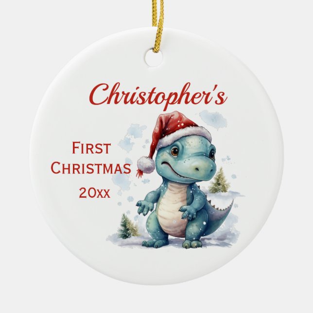 Niedlich Baby's 1st Christmas Dinosaurier Keramik Ornament (Vorne)