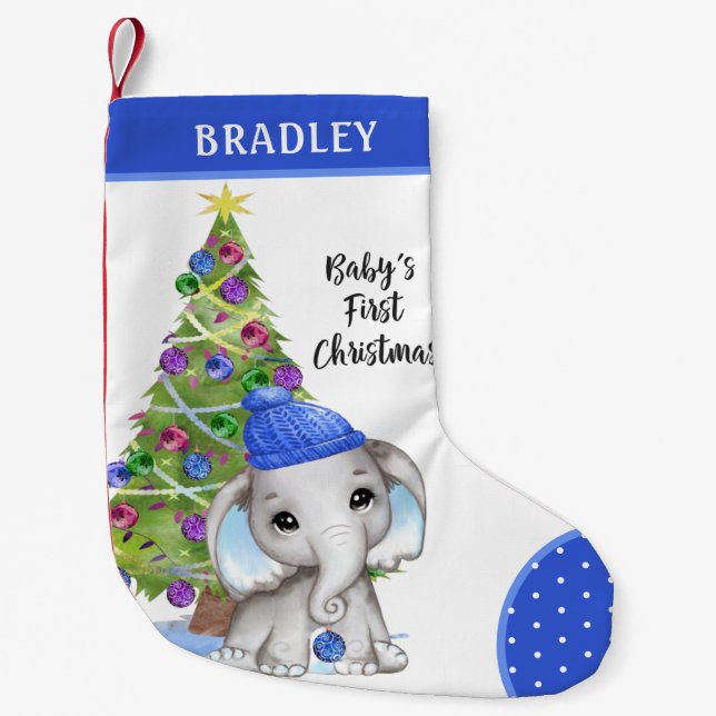 Niedlich BABY'S ERSTE CHRISTMAS Boy Elephant Blue Kleiner Weihnachtsstrumpf (Vorderseite)