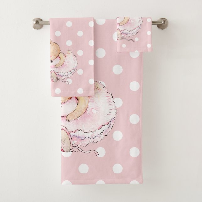 Niedlich Ballerina Bunny Rabbit Pink White Polka D Badhandtuch Set (Insitu)