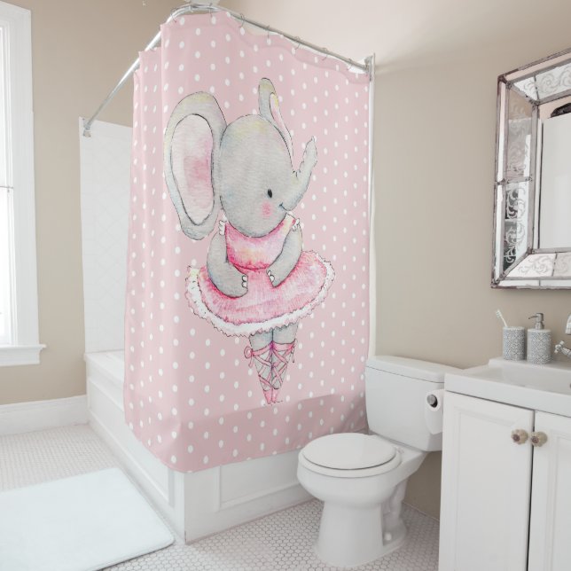 Niedlich Ballerina Elephant Pink White Polka Dots Duschvorhang (Beispiel)