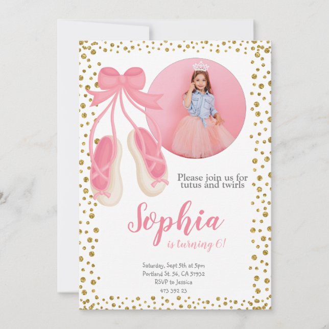 Niedlich Ballerina Pink Gold Glitzer | Mädchen zum Einladung (Vorderseite)
