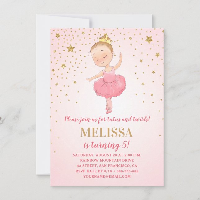 Niedlich Ballerina Pink Gold Glitzer | Mädchen zum Einladung (Vorderseite)