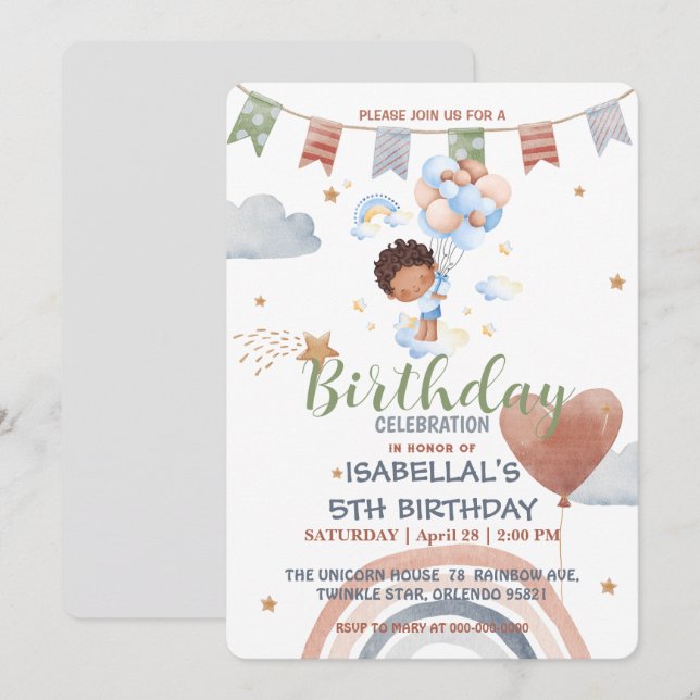 Niedlich Balloon African American Buben Birthday P Einladung (Vorne/Hinten)