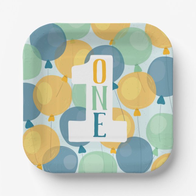 Niedlich Balloon First Birthday Paper Teller (Vorderseite)