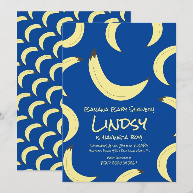 Niedlich Banana Blue Boy Baby Dusche Einladung (Vorne/Hinten)