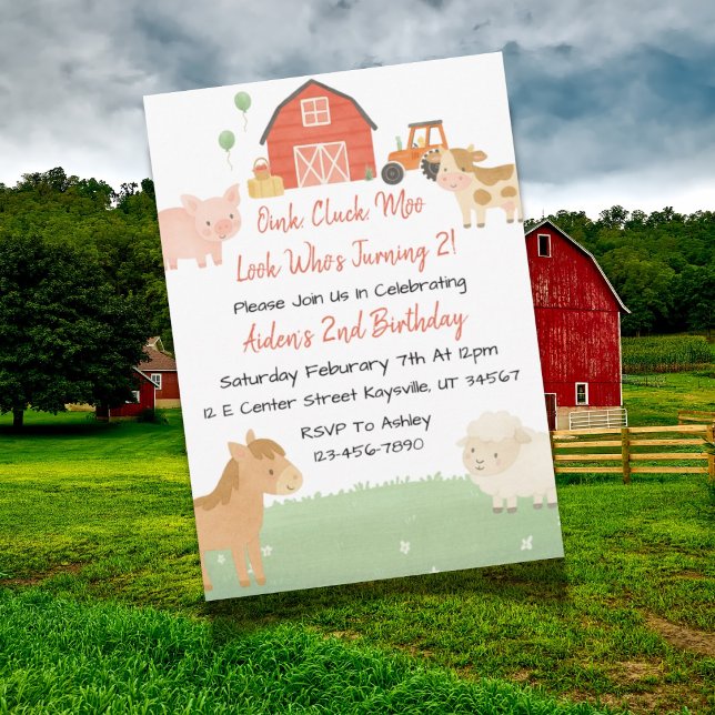 Niedlich Barnyard Animal 2. Geburtstag Einladung (Farm-themed second birthday invitation design with barn, animals, and playful farm elements.)