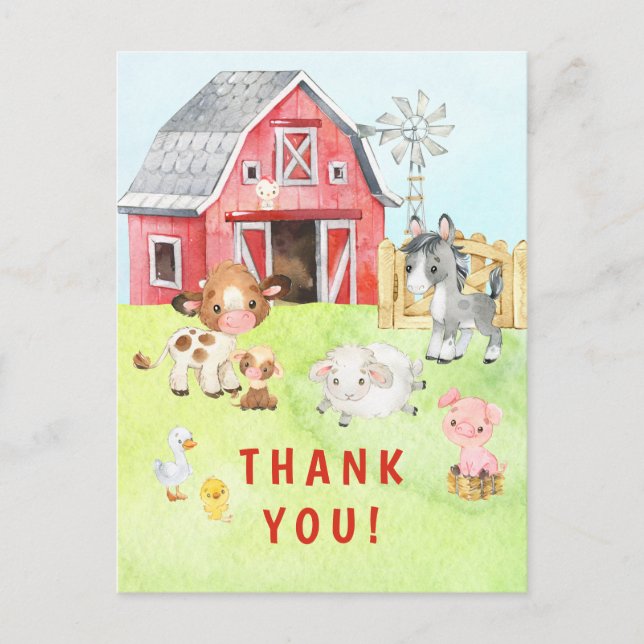 Niedlich Barnyard Friends Kinderdusche Danke Postkarte (Vorderseite)