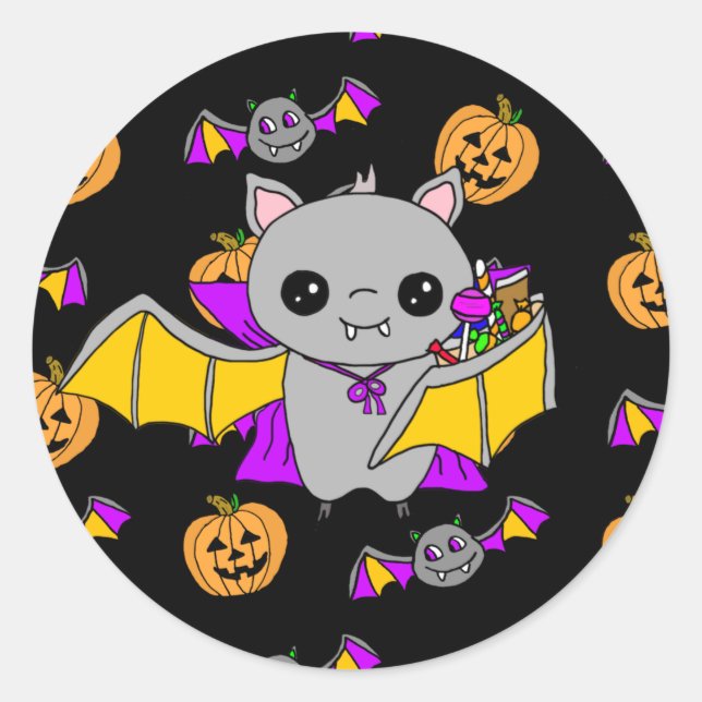 Niedlich Bat Holdings Halloween Candy Runder Aufkleber (Vorderseite)