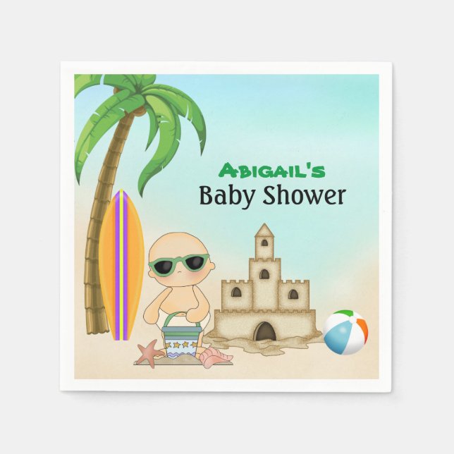 Niedlich Beach Baby Sandcastle in Surfboard Babydu Serviette (Vorderseite)