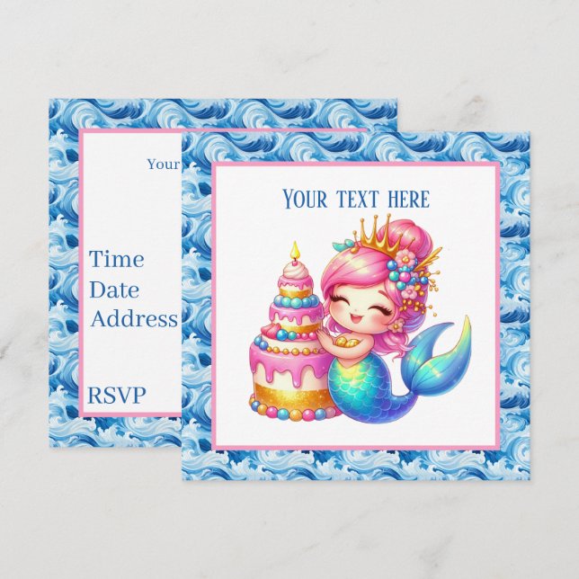 Niedlich Beach Birthday Meerjungfrau personalisier Einladung (Vorne/Hinten)
