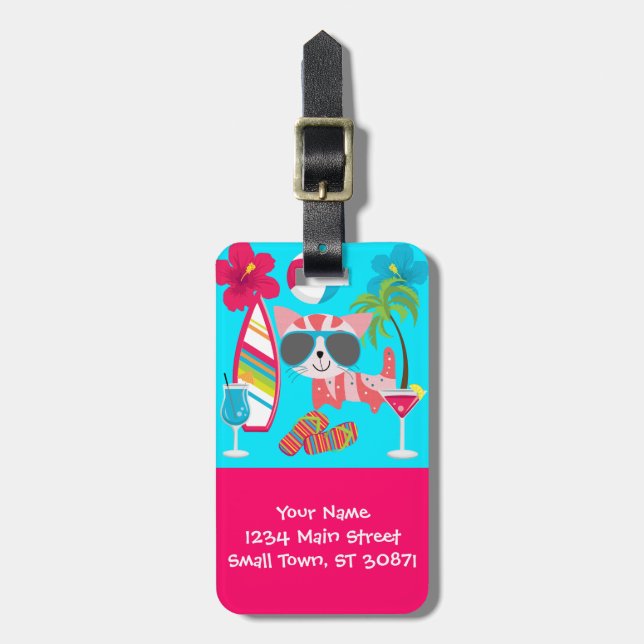 Niedlich Beach Bum Kitty Cat Sonnenbrille Beach Ba Gepäckanhänger (Vorderseite vertikal)