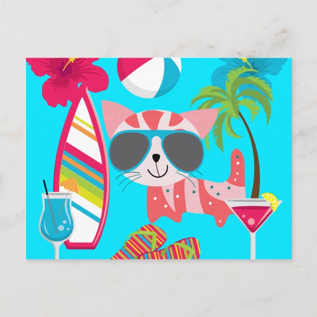 Niedlich Beach Bum Kitty Cat Sonnenbrille Beach Ba Postkarte (Vorderseite)