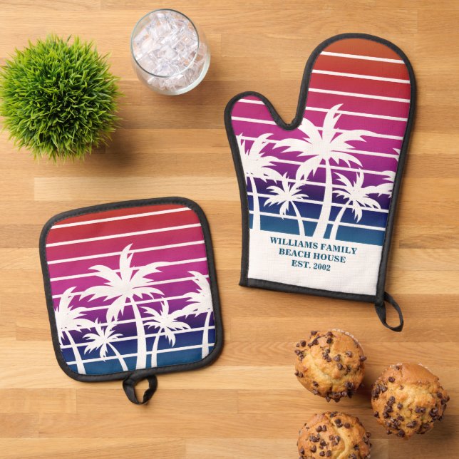 Niedlich Beach House Sunset Palm Tree Custom Ofenhandschuh & Topflappen-Set (Oben Unten)