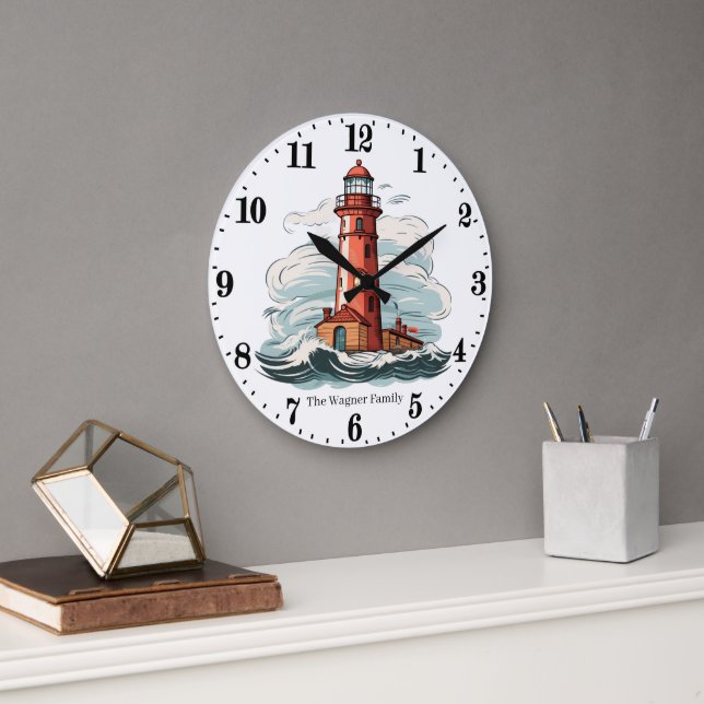 Niedlich Beach-Leuchtturm-Liebhaber geben Namen Große Wanduhr (Büro)