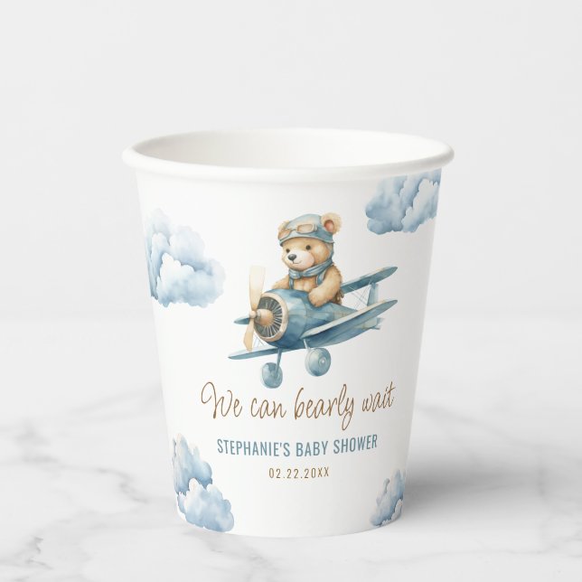 Niedlich Bear Airplane Blue Boy Baby Dusche Pappbecher (Vorderseite)