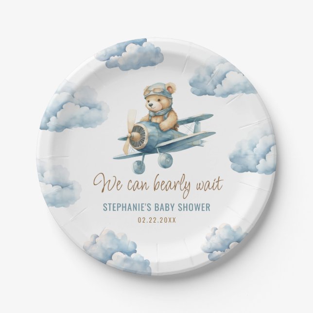 Niedlich Bear Airplane Blue Boy Baby Dusche Pappteller (Vorderseite)