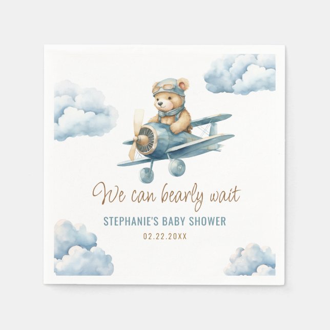 Niedlich Bear Airplane Blue Boy Baby Dusche Serviette (Vorderseite)