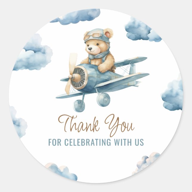 Niedlich Bear Airplane Blue Boy Baby Dusche Vielen Runder Aufkleber (Vorderseite)