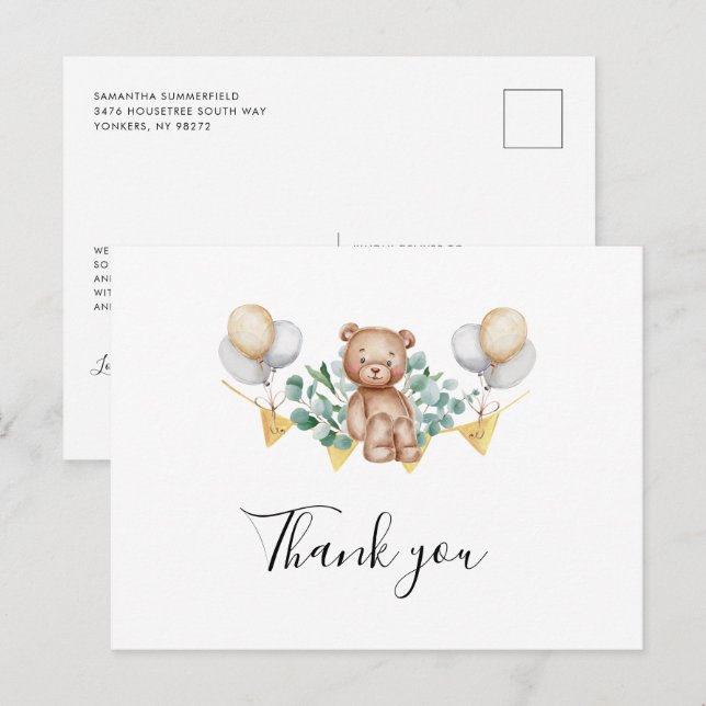 Niedlich Bear Baby Dusche Vielen Dank Einladungspostkarte (Vorne/Hinten)
