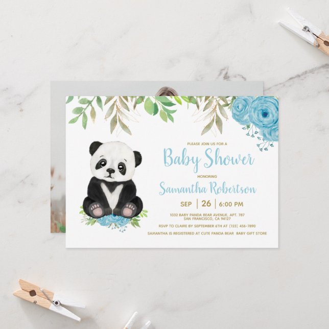 Niedlich Bear Blue Floral Greenery Baby Dusche Fot Einladung (Vorderseite/Rückseite Beispiel)