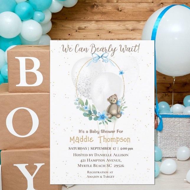 Niedlich Bear Blue Floral Wreath Boys Baby Dusche  Einladung (Von Creator hochgeladen)