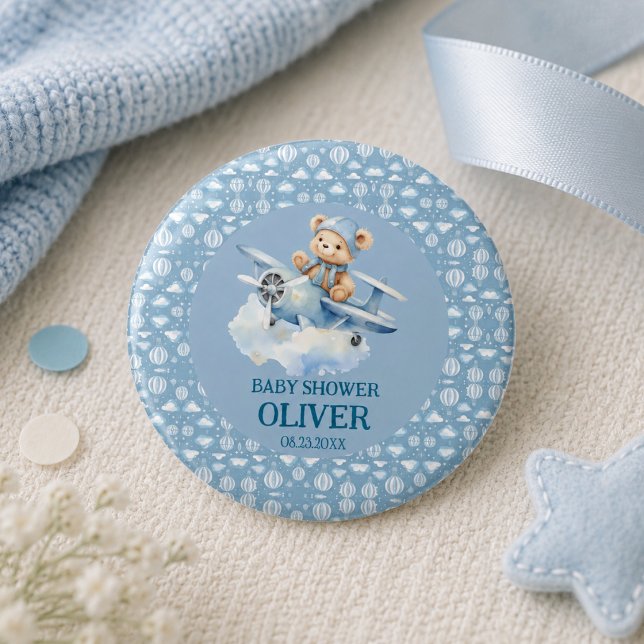 Niedlich Bear Blue Flugzeug Time Fliegt 1. Geburts Button (Cute Bear Blue Plane Time Flies One 1st Birthday Button)