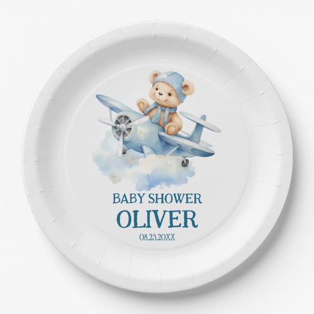 Niedlich Bear Blue Flugzeug Time Fliegt 1. Geburts Pappteller (Vorderseite)