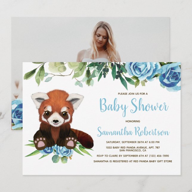 Niedlich Bear Blue Greenery Boy Baby Shower Foto Einladung (Vorne/Hinten)